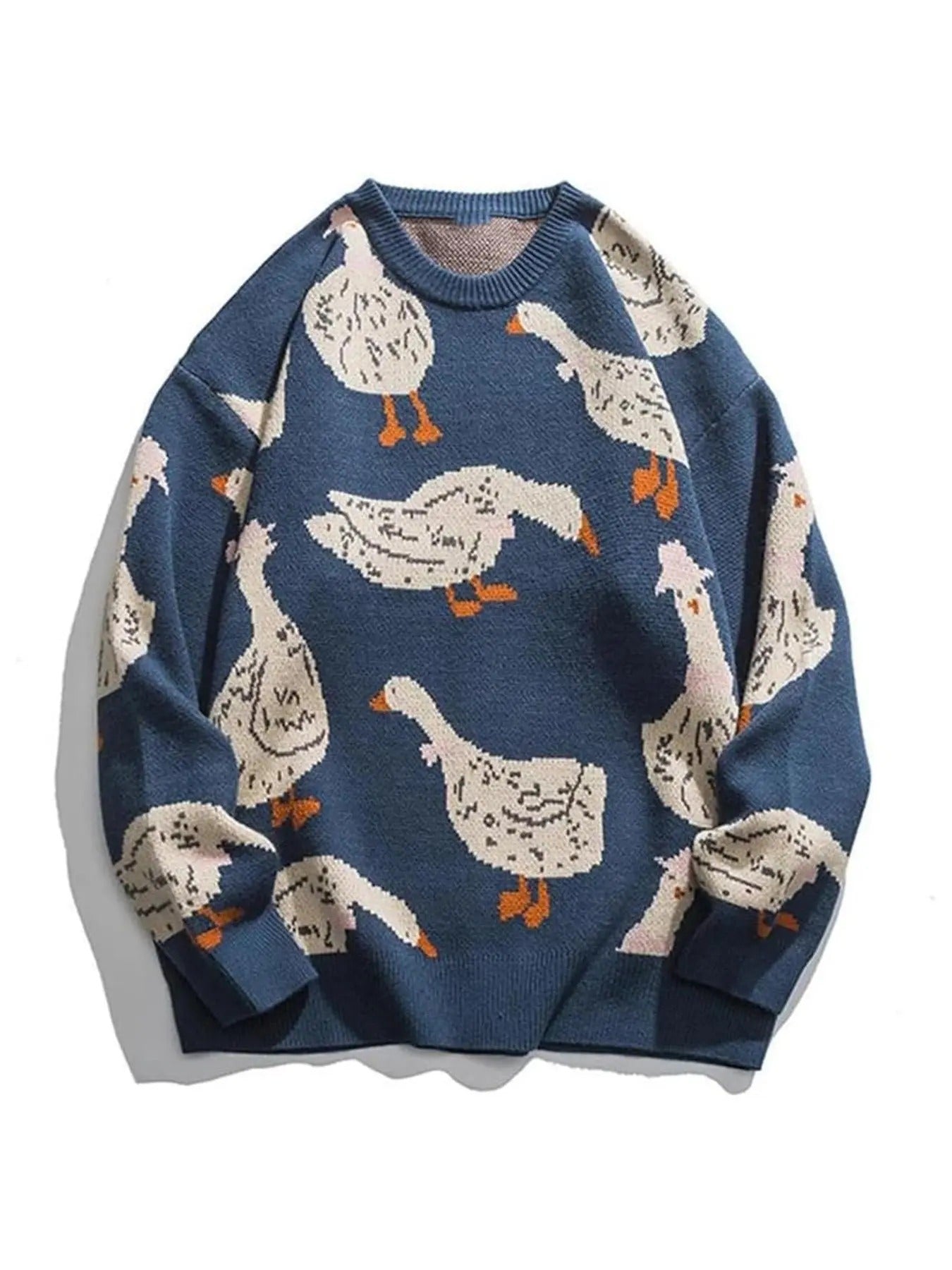 Men'WB shield Cartoon Goose Print Drop Shoulder Ribbed Sweater, Regular Fit Casual Long Sleeve Round Neck Jumper for Fall...