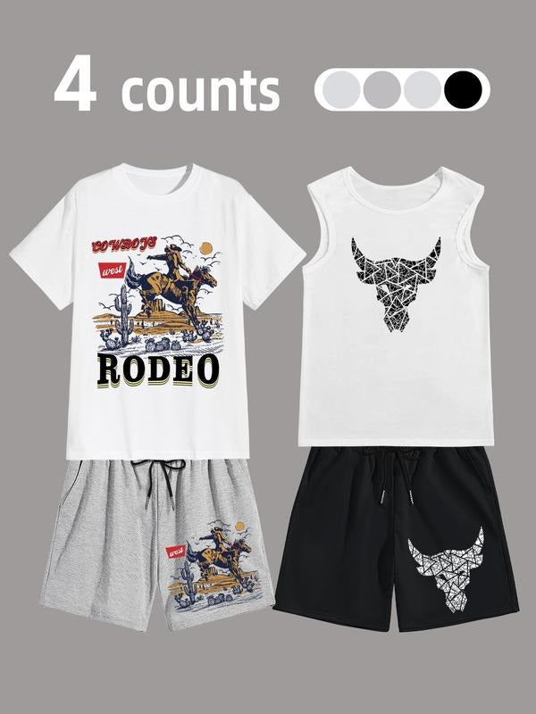 Men'WB shield Cartoon Graphic Print Tee & Tank Top & Shorts Set, Loose Casual Short Sleeve T-shirt & Sleeveless Vest &...