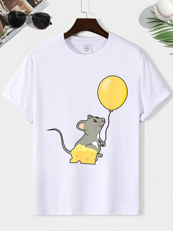 Men'WB shield Cartoon Mouse & Spiky hair fighters Print Round Neck Tee, Loose Casual Cheese Graphic Short Sleeve T-shirt...