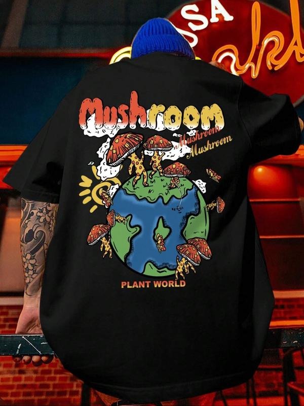 Men'WB shield Cartoon Mushroom & Letter Print Drop Shoulder Tee, Graphic Tees, Loose Casual Comfy Round Neck Half Sleeve...