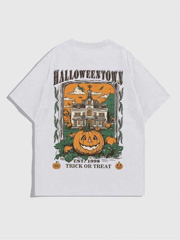 Men'WB shield Cartoon Pumpkin Print Round Neck Tee, Regular Fit Casual Halloween Short Sleeve T-shirt, Men'WB shield...