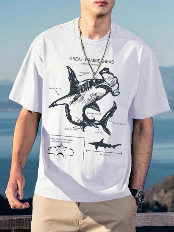Men'WB shield Cartoon Shark Print Drop Shoulder Tee, Casual FOG Comfy Regular Fit Letter Graphic Half Sleeve Round Neck...