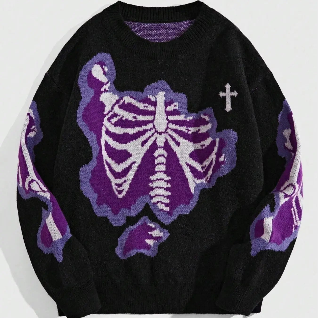 Men'WB shield Cartoon Skeleton Print Drop Shoulder Sweater, Regular Fit Casual Long Sleeve Round Neck Halloween TNF...