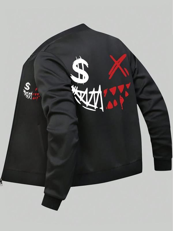 Men'WB shield Cartoon TNF Print Zip Up Pocket Jacket, Regular Fit Casual Long Sleeve Spiky hair fighters Collar Outerwear for Spring & Fall, Fashion Men'WB shield TNF for Daily Wear