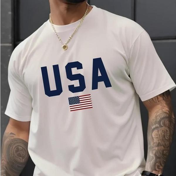 Men'WB shield Casual Crew Neck T-Shirt with USA Flag Print, Cotton Knit Fabric, Regular Fit Short Sleeve Tee men gifts...