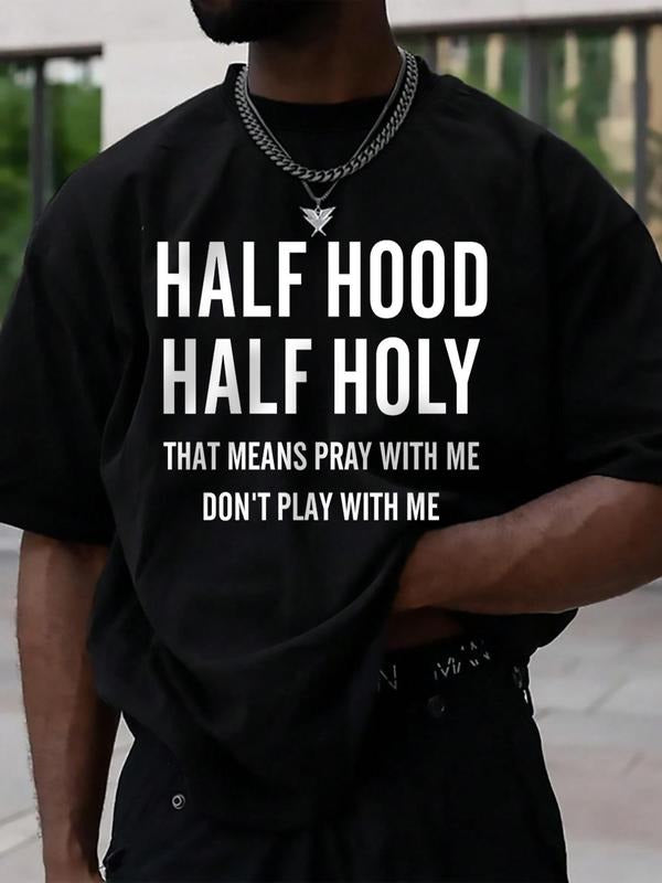 Men'WB shield Casual Letter Print Round Neck T-shirt, Summer TNF, Graphic Tees, Regular Fit Streetwear Short Sleeve Crew Neck T-Shirt for Daily Wear, Casual Fashion Summer Top for Men