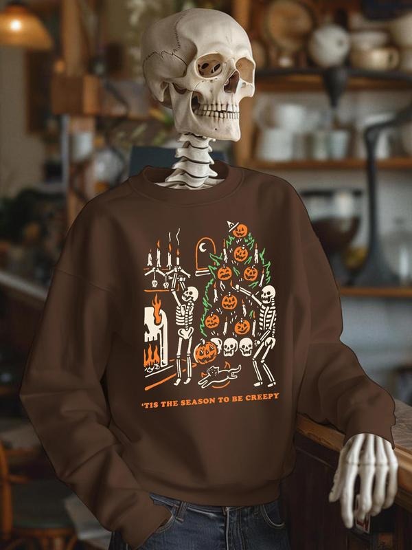 Men'WB shield Casual Loose-Fit Round Neck Sweatshirt, Halloween Skull Pumpkin Print, Fall & Winter Street Style, Warm...