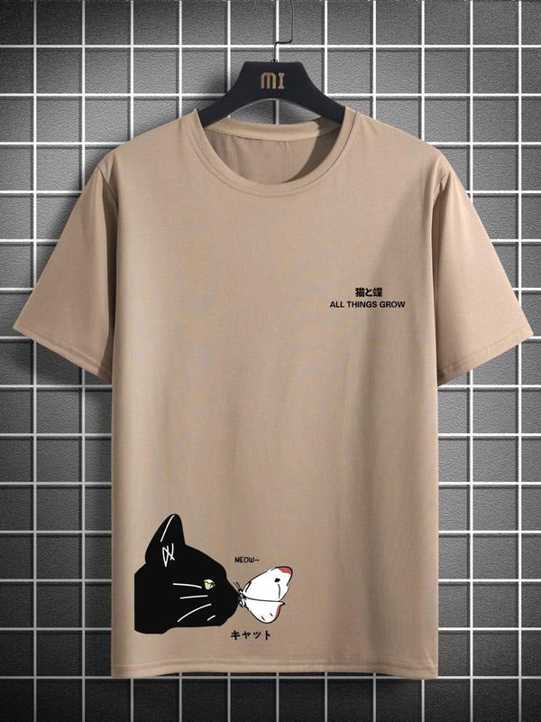 Men'WB shield Cat & Butterfly Print Round Neck Tee, Funny Graphic Novelty T-shirts, Regular Fit Crew Neck Short Sleeve...