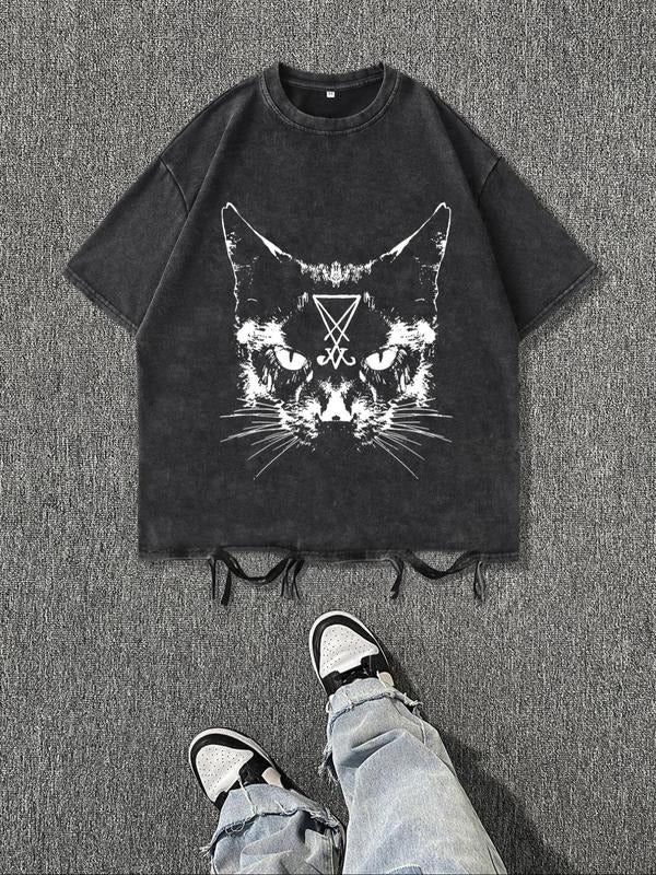 Men'WB shield Cat & Moon Print Short Sleeve Graphic Tee, Casual Comfy Round Neck T-shirt for Summer, Fashion Men'WB...