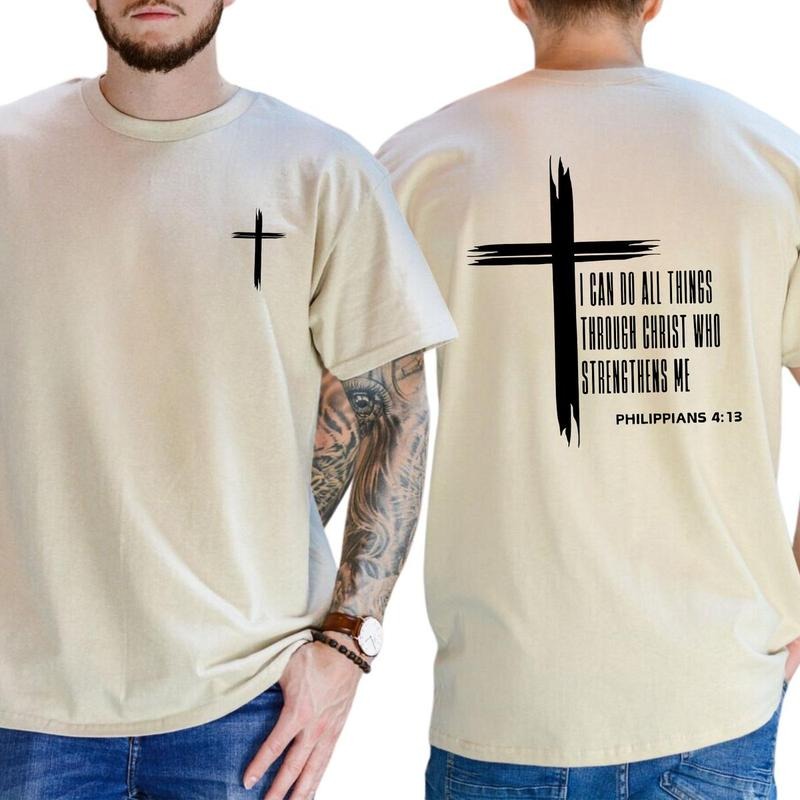 Men'WB shield Christian Cross 2 Sided T-shirt, Swoosh Can Red plumber brand Spiky hair fighters Things Through Christ...