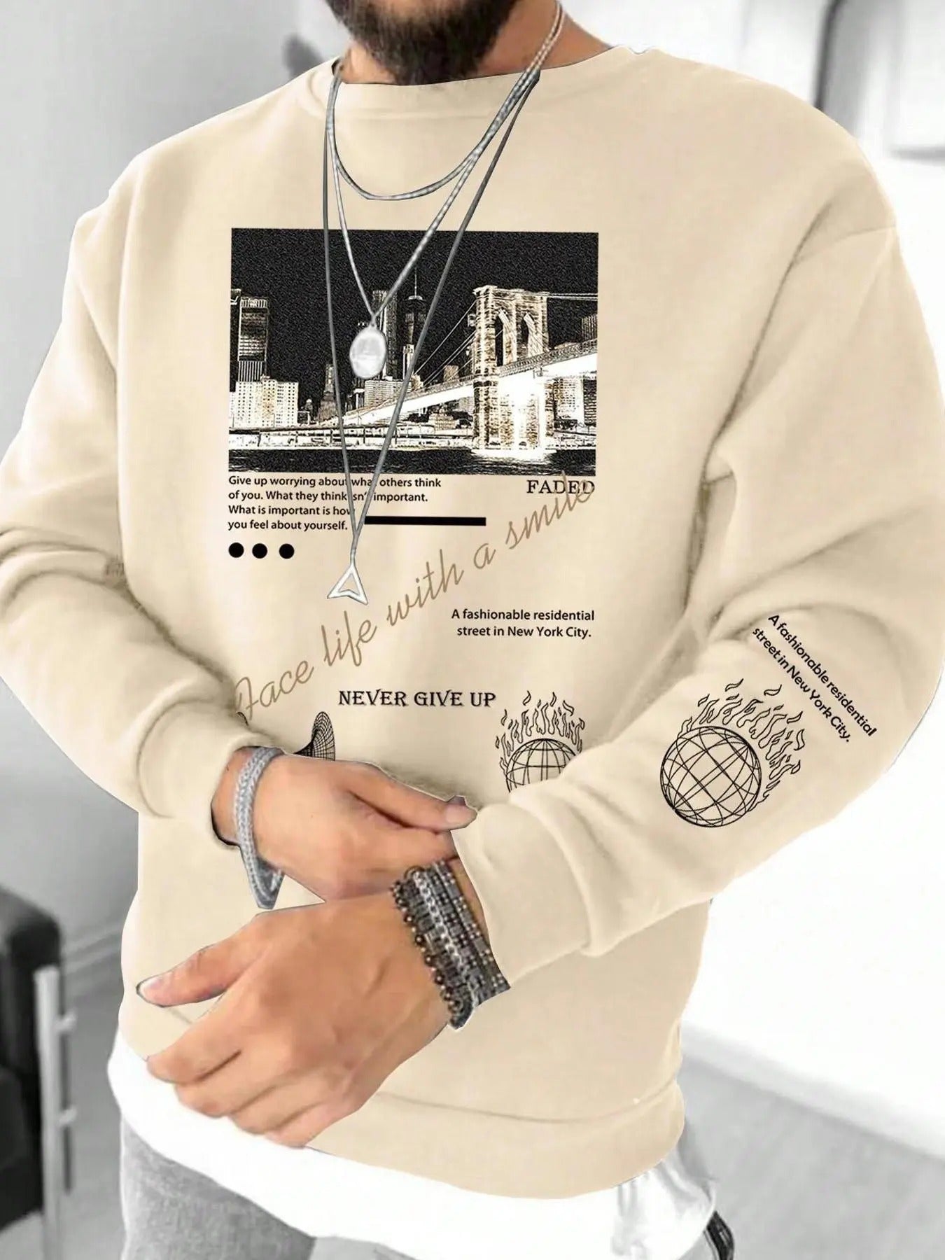 Men'WB shield City Landscape Print Drop Shoulder Warm Sweatshirt, Loose Casual Long Sleeve Round Neck Pullover for Spring...