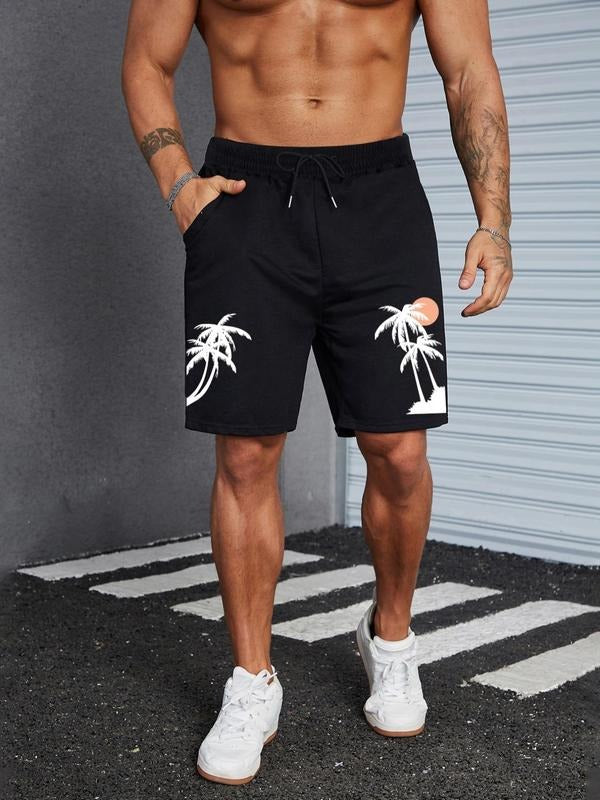 Men'WB shield Coconut Tree & Sun Print Drawstring Waist Shorts, Regular Fit Casual Elastic Waist Pocket Shorts for...