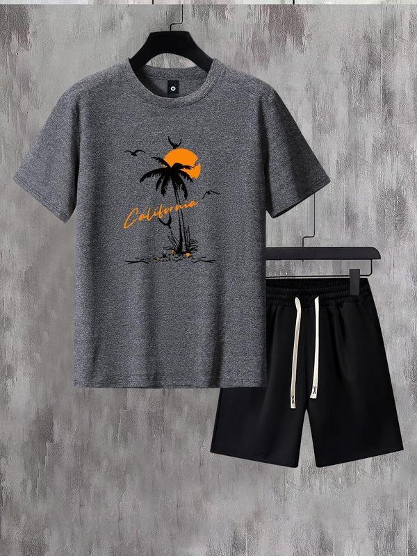 Men'WB shield Coconut Tree Print Drawstring Pocket Straw hat pirates Set, Summer TNF, Short Sleeve T-shirts & Elastic...