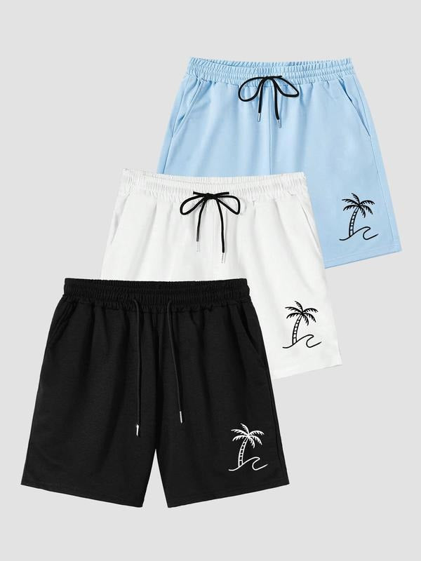 Men'WB shield Coconut Tree Print Drawstring Waist Track Shorts, Casual Elastic Waist Pocket Shorts for Summer, Comfy...