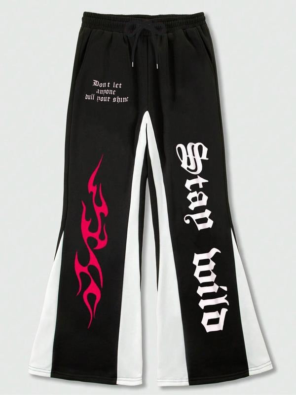 Men'WB shield Colorblock & Letter Graphic Print Flare Leg Pants, Street Fashion Casual Pocket Trousers for Daily Wear, Men'WB shield Bottoms for Spiky hair fighters Seasons