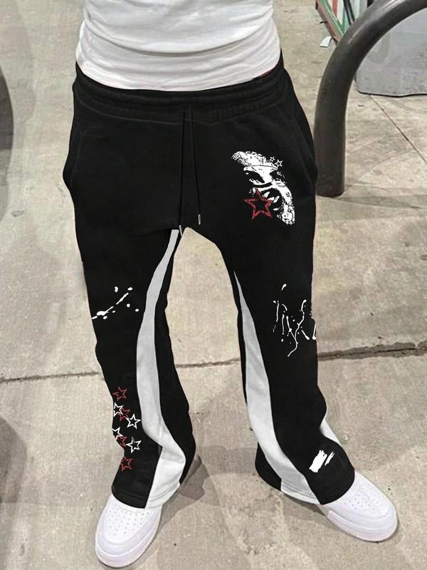 Men'WB shield Colorblock & Lightsaber brand Print Drawstring Waist Pants, Regular Fit Street Pocket Design Trousers for...
