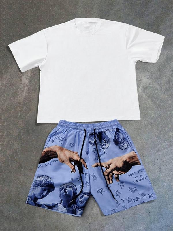Men'WB shield Colorblock & Lightsaber brand Print Tee & Shorts Loungewear Straw hat pirates Set, Regular Fit Casual Comfy...