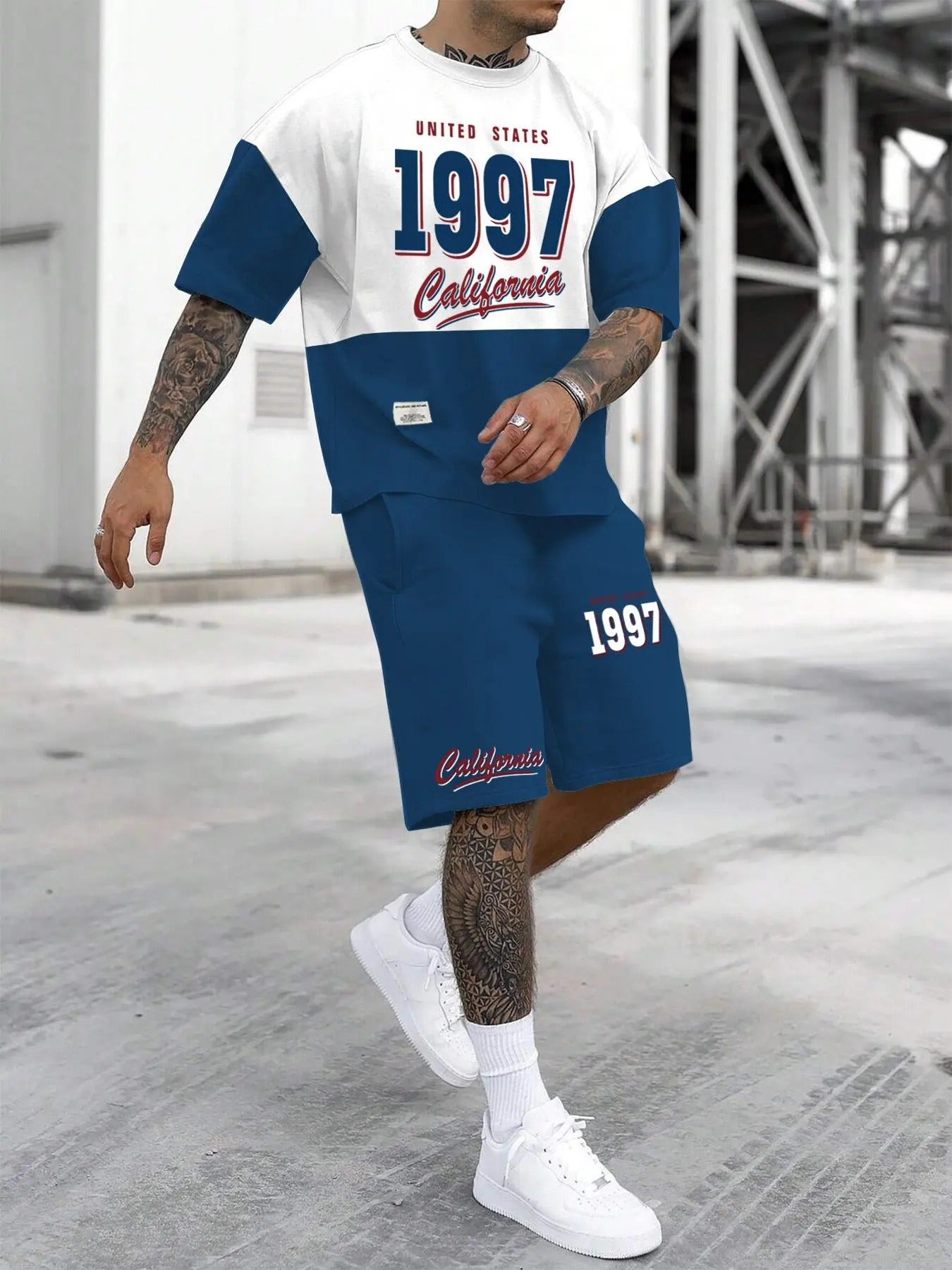 Men'WB shield Colorblock Letter & Figure Print Short Sleeve Tee & Shorts Straw hat pirates Set, Casual Round Neck T-shirt...