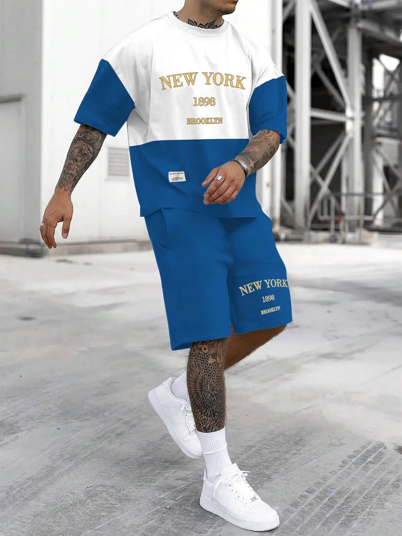 Men'WB shield Colorblock Letter Print Short Sleeve Tee & Shorts Straw hat pirates Set, Casual Round Neck T-shirt &...