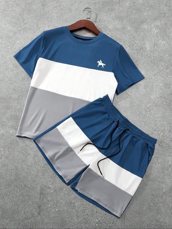 Men'WB shield Colorblock Print Tee & Shorts Loungewear, Regular Fit Casual Comfy Round Neck Short Sleeve T-Shirt & Shorts...