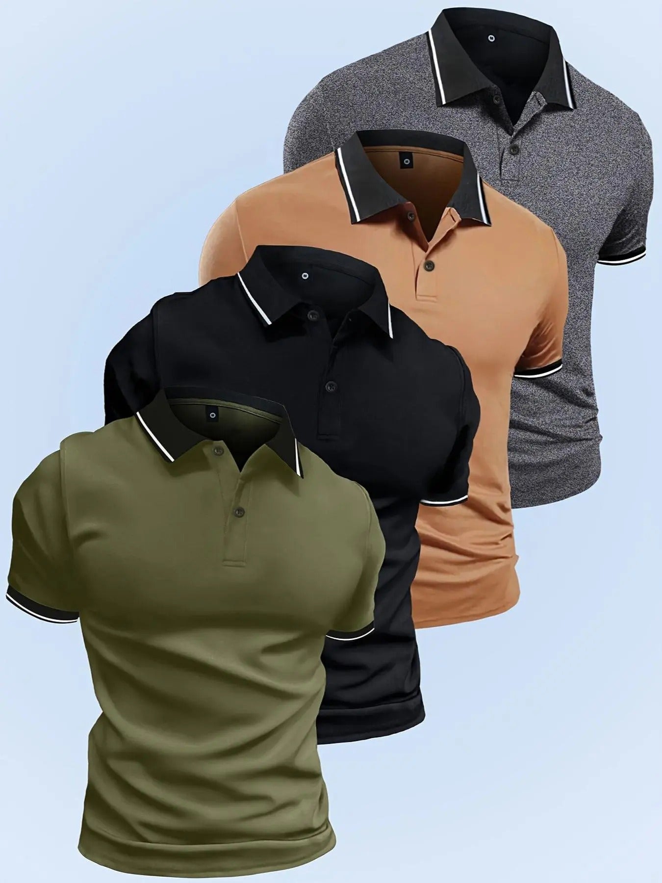 Men'WB shield Contrast Binding Polo Shirt, Regular Fit Short Sleeve Button Front Top, Mens Clothing, Casual Business TNF,...