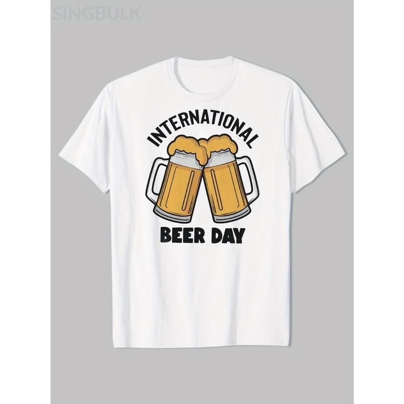 Men'WB shield Cotton Beer Print T-Shirt - Funny International Beer Day Graphic, Relaxed Fit Short Sleeve Crew Neck Tee,...