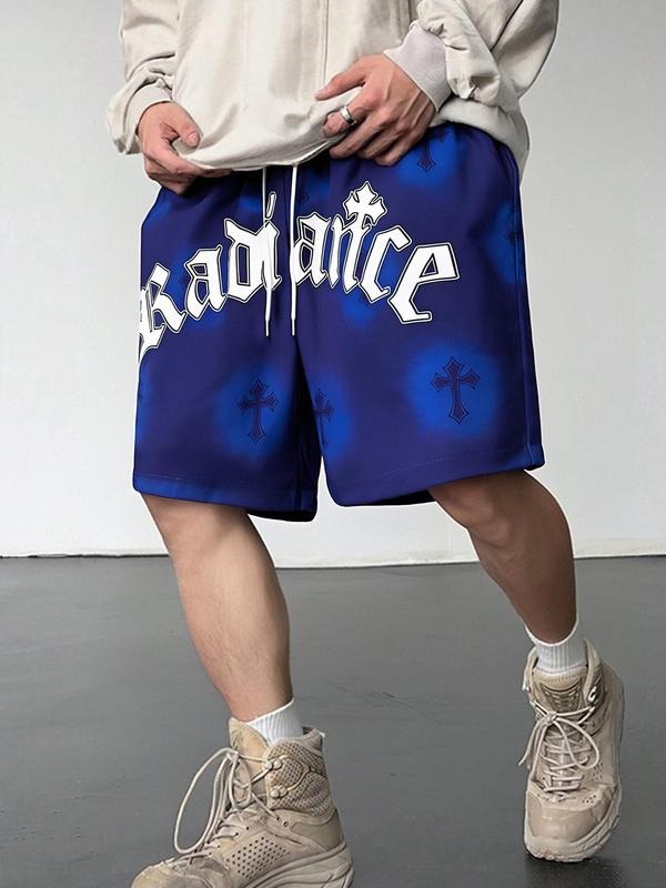 Men'WB shield Cross & Letter Print Kint Shorts, Regular Fit Casual Comfy Pocket Drawstring Waist Shorts for Daily Wear,...