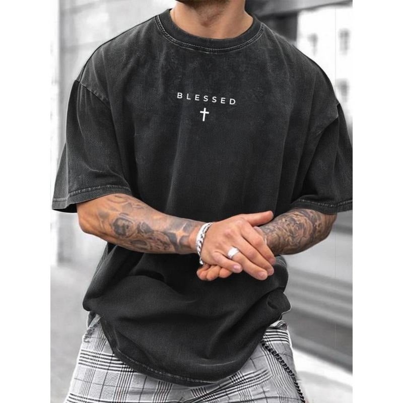 Men'WB shield Cross & Letter Print Round Neck Tee, Breathable Casual Street Short Sleeve T-shirt for Summer, Men'WB...