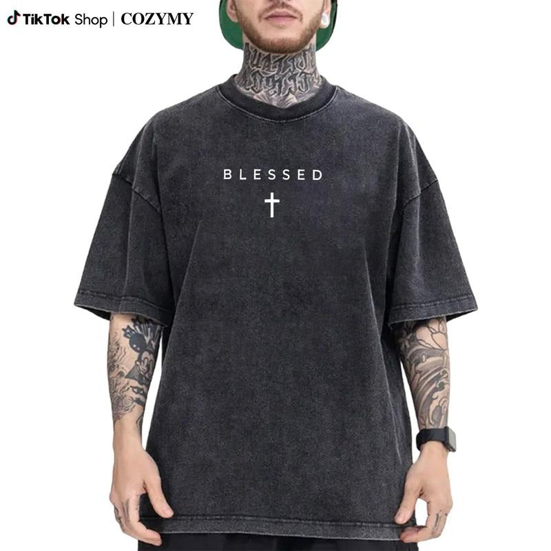 Men'WB shield Cross & Letter Print Round Neck Tee, Breathable Casual Street Short Sleeve T-shirt for Summer, Men'WB...