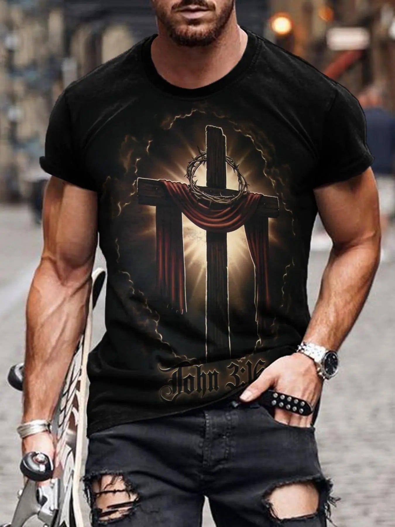 Men'WB shield Cross & Letter Print Round Neck Tee, Regular Fit Crew Neck Short Sleeve T-Shirt for Men, Casual Streetwear...