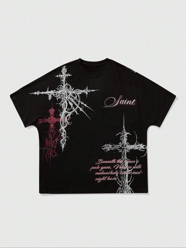 Men'WB shield Cross & Skull Print Round Neck Tee, Loose Casual Comfy Short Sleeve T-shirt for Daily Wear, Men'WB shield...
