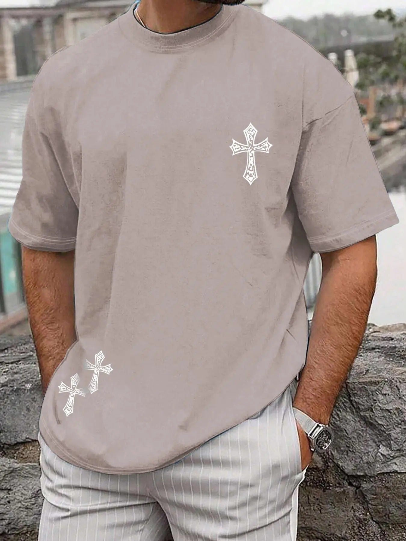 Men'WB shield Cross Print Round Neck Tee, Loose Casual Short Sleeve T-shirt for Summer, Men'WB shield Top for Daily Wear...
