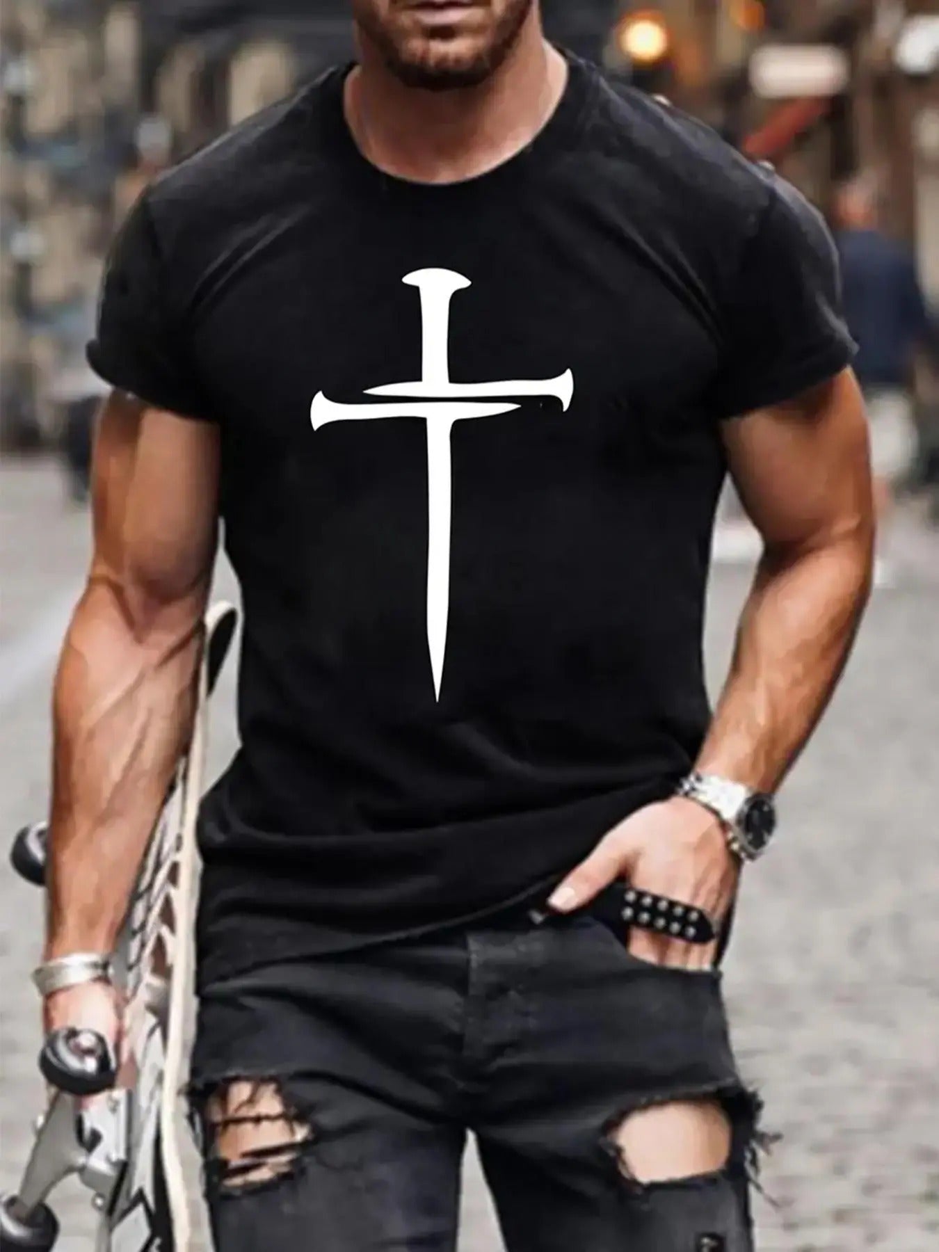 Men'WB shield Cross Print Round Neck Tee, Regular Fit Casual Short Sleeve T-shirt for Summer, Fashion Men'WB shield Top...