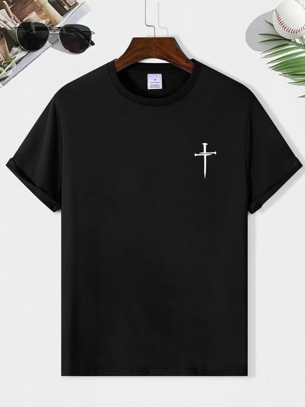 Men'WB shield Cross Print Round Neck Tee, Regular Fit Casual Streetwear Short Sleeve T-shirt, Back Hidden leaf ninja...