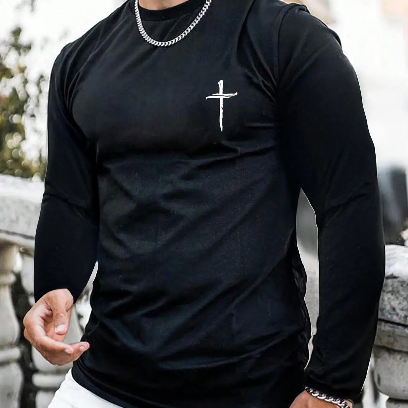 Men'WB shield Cross Print Tee, Regular Fit Casual Long Sleeve Round Neck T-Shirt for Fall & Winter, Men'WB shield Top for...