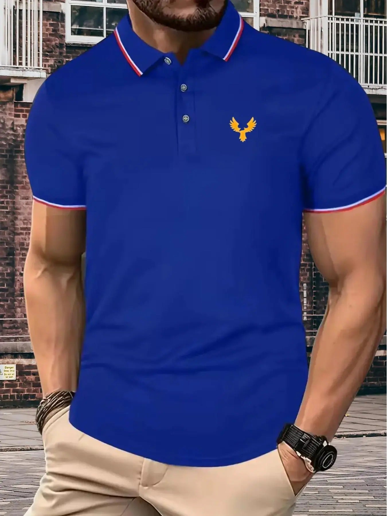 Men'WB shield Eagle Print Striped Trim Half Button Polo Shirt, Regular Fit Casual Short Sleeve Collared Top for Summer,...