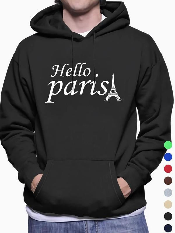 Men'WB shield Eiffel Tower & Letter Print Drop Shoulder Hoodie, Fashion Casual Regular Fit Drawstring Pocket Hooded...