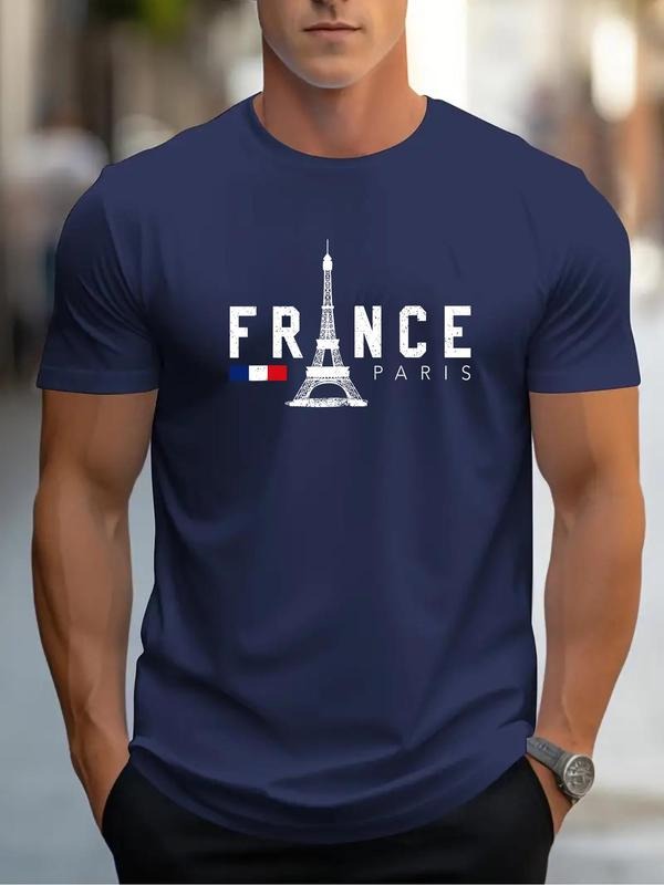 Men'WB shield Eiffel Tower Print Round Neck Tee, Regular Fit Casual Short Sleeve Crew Neck T-Shirt for Daily Wear, Men'WB...
