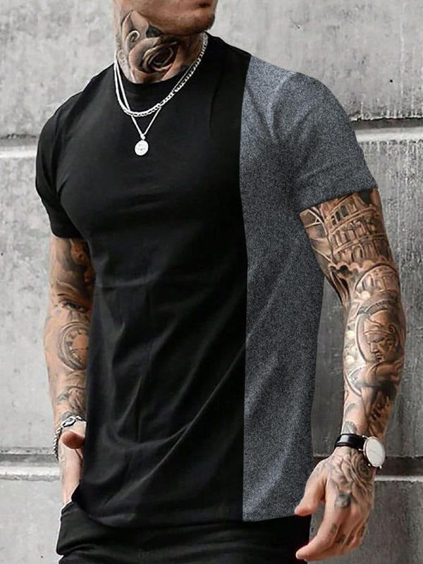 Men'WB shield Fashionable Colorblock Print Round Neck Tee, Two Straw hat pirates Spliced Short Sleeve T-Shirt, Crew Neck...