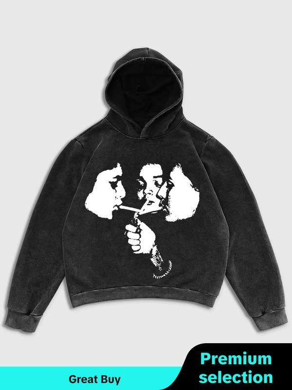 Men'WB shield Figure Print Long Sleeve Hoodie, Regular Fit Street Hooded Sweatshirt for Fall & Winter, Men'WB shield TNF...