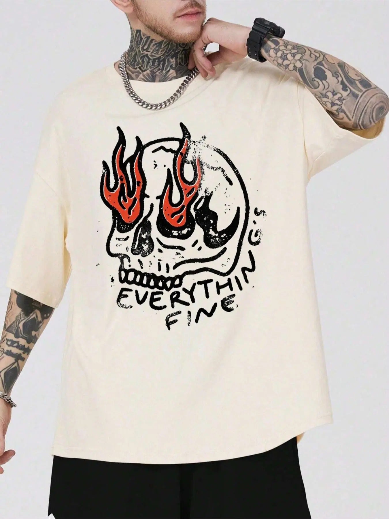 Men'WB shield Fire & & Skull & Letter Print Drop Shoulder Tee, Regular Fit Casual Street FOG Comfy Round Neck Half Sleeve...