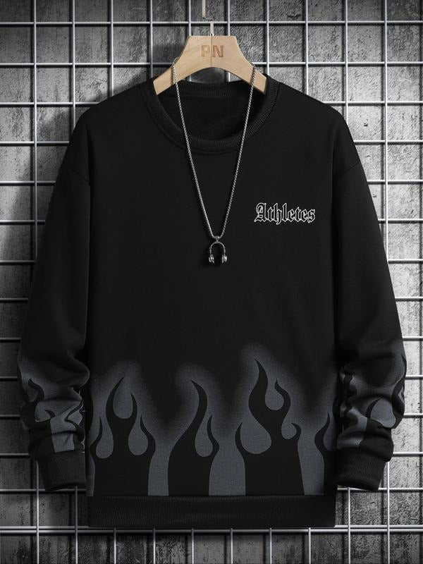 Men'WB shield Fire & Letter Print Drop Shoulder Sweatshirt, Regular Fit Casual FOG Comfy Long Sleeve Round Neck Pullover...