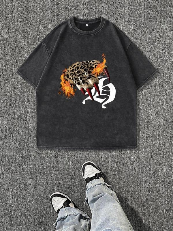 Men'WB shield Fire & Letter Print Round Neck Graphic Tee, Regular Fit Casual Short Sleeve T-shirt for Summer, Men'WB...