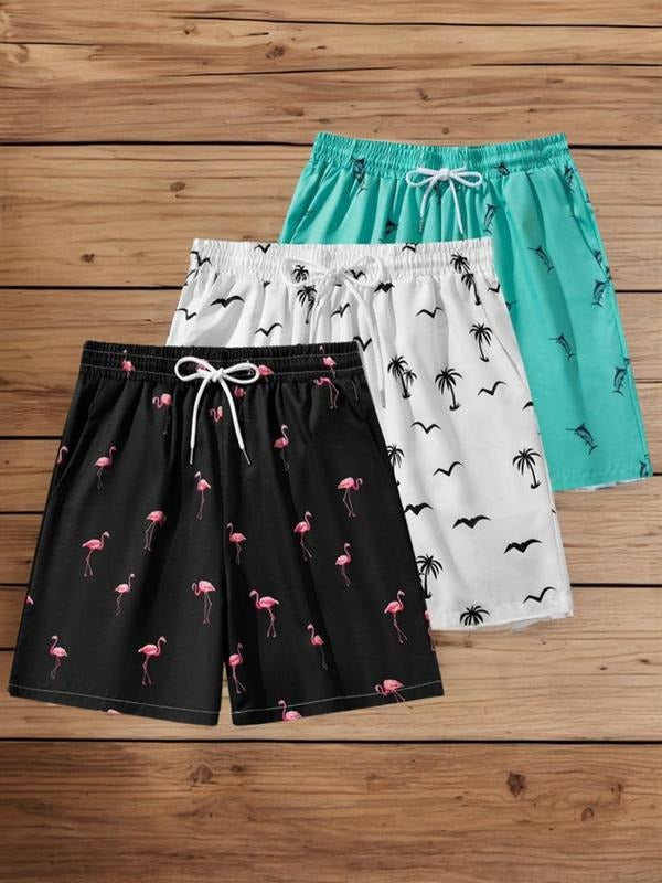 Men'WB shield Flamingo Print Drawstring Waist Shorts, Beach Outfits, Casual Comfy Beach Shorts for Summer, Summer...