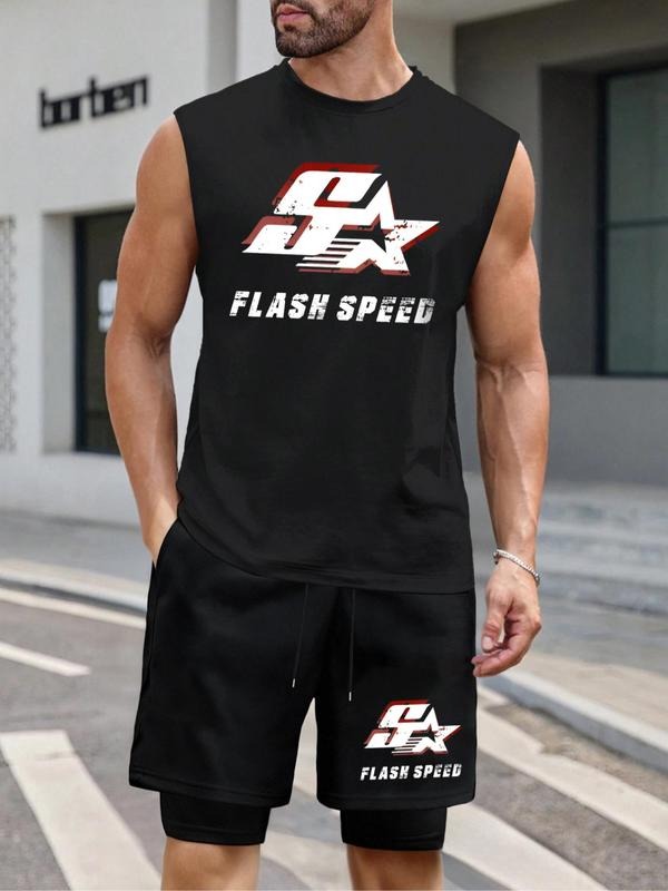 Men'WB shield Flash Speed Graphic Tank Top & Shorts Set, Regular Fit Casual Sleeveless Top & Shorts, Men'WB shield Summer...
