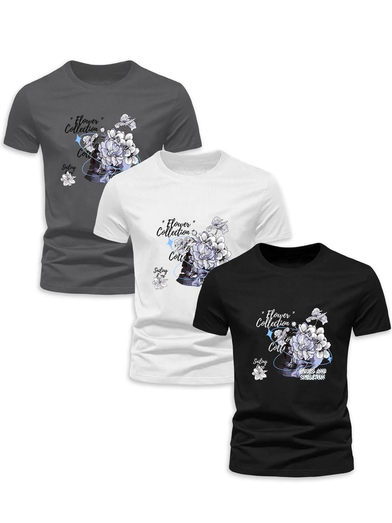 Men'WB shield Floral & Letter Graphic Round Neck Tee, Regular Fit Short Sleeve Crew Neck T-shirt for Summer, Casual...