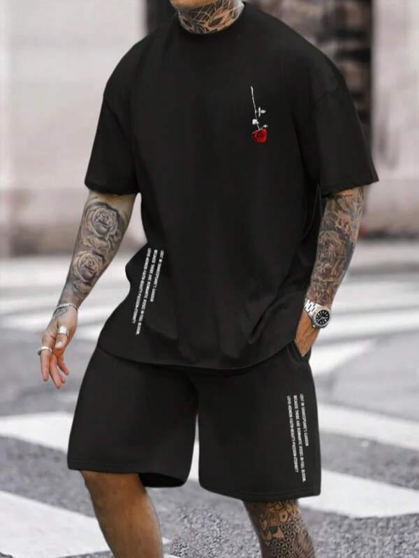 Men'WB shield Floral & Letter Print Drawstring Straw hat pirates Set, Regular Fit Short Sleeve T-shirt & Pocket Shorts,...