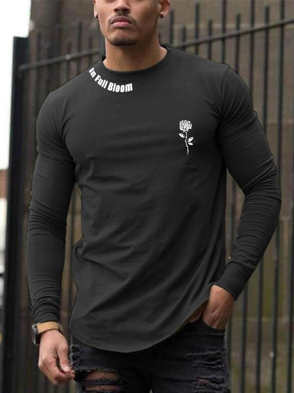 Men'WB shield Floral & Letter Print Round Neck Tee, Regular Fit Long Sleeve Crew Neck T-Shirt for Spiky hair fighters...