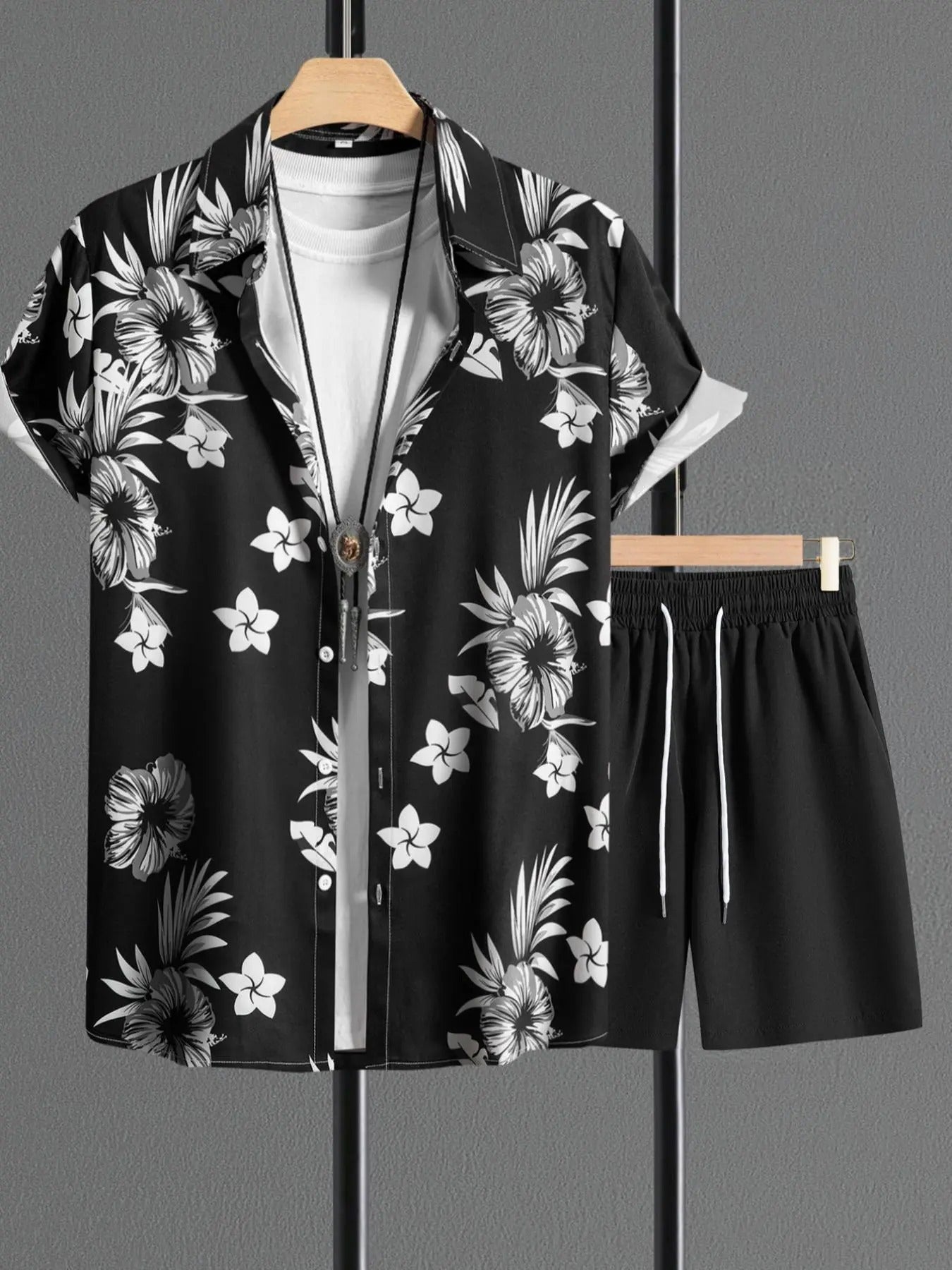 Men'WB shield Floral Print Shirt & Drawstring Waist Pocket Shorts Set, Regular Fit Casual Button Front Shirt & Shorts for...
