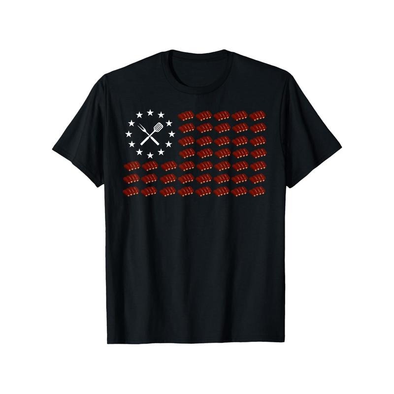 Men'WB shield Funny Patriotic BBQ Ribs American Flag Graphic T-Shirt - 100% Cotton Non-Fade Non-Pilling Breathable...